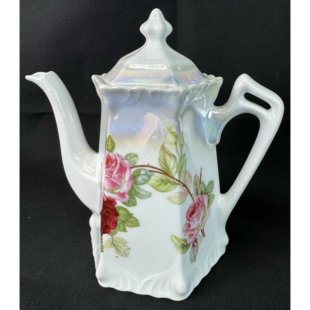 Antique German Blue Floral Glazed Porcelain Teapot Hexagonal Base 7